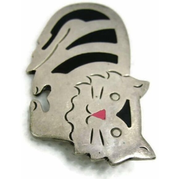 Brooch Fat Cat Inlaid w Black Onyx Hallmarked TM-96 Sterling Silver 925 Vintage - Picture 6 of 7
